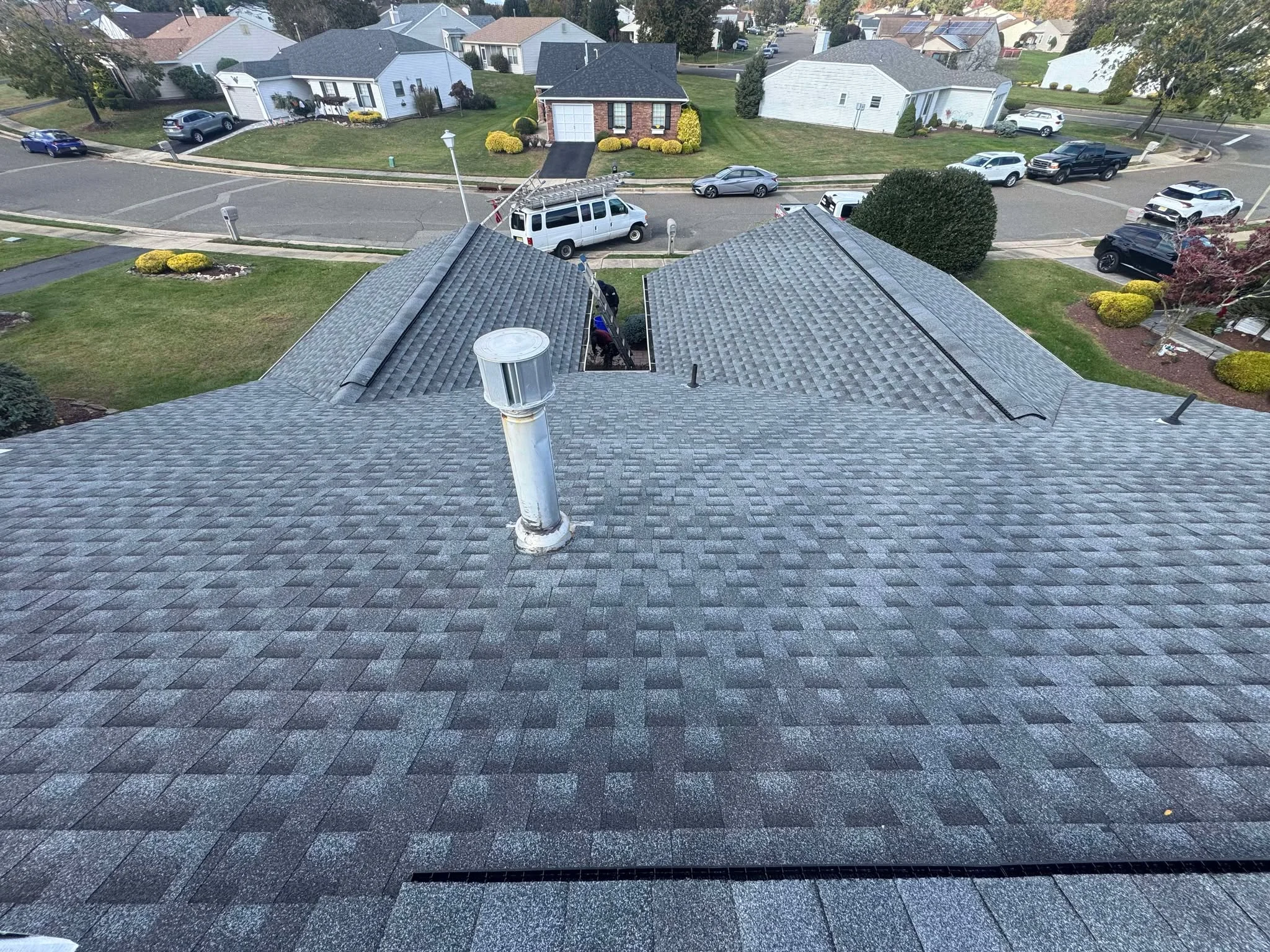 Finished roof replacement seen from above, Central New Jersey