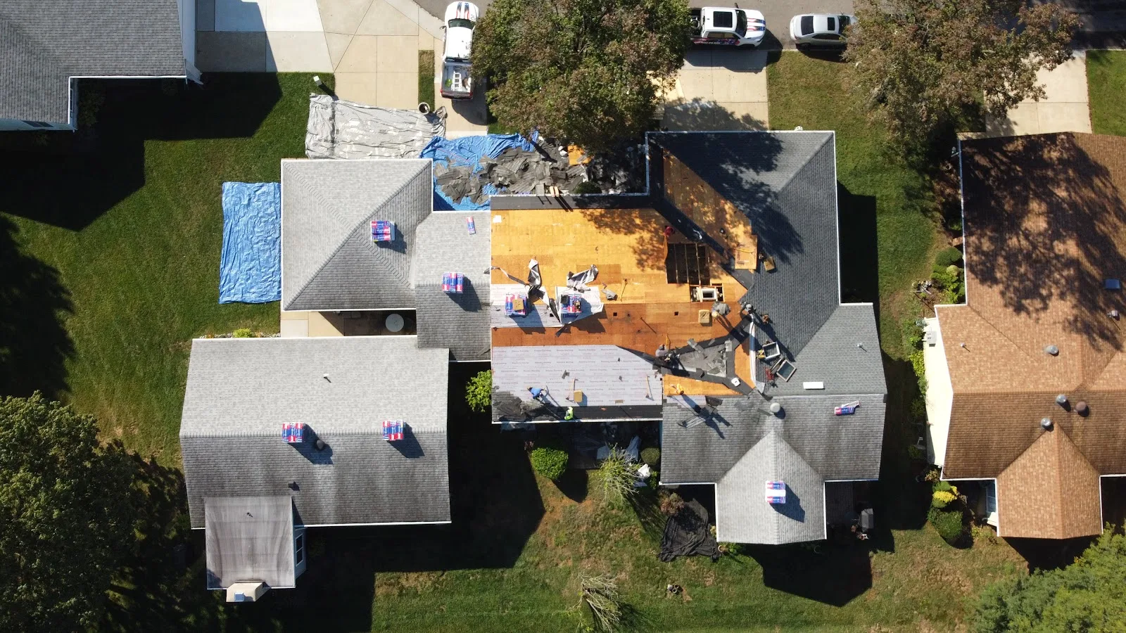 Aerial view of roof replacement in Colts Neck, NJ